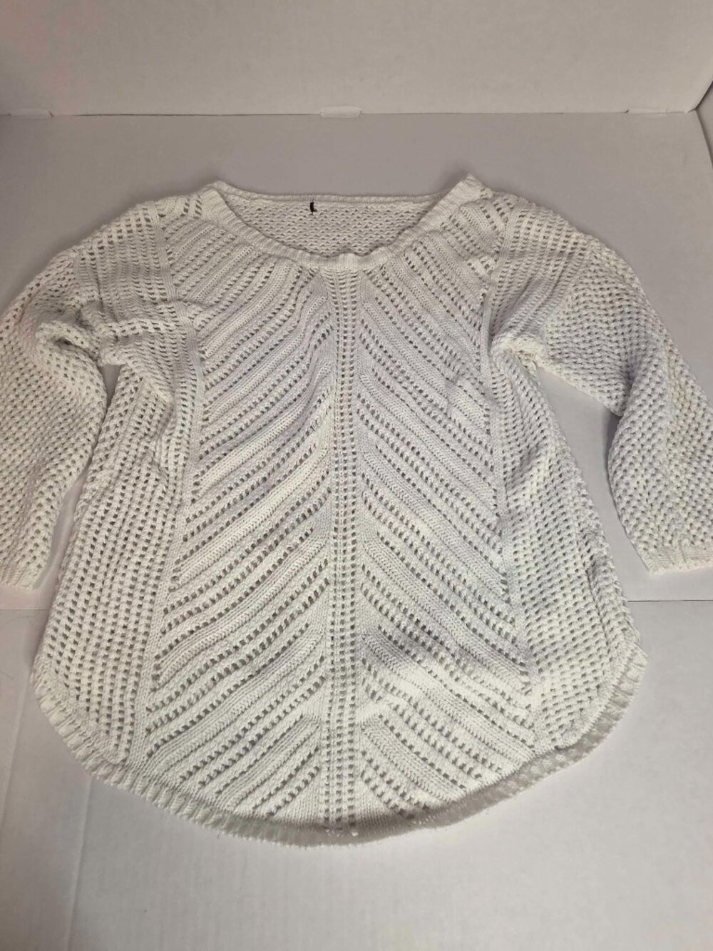 Women's White Open Knit Chevron Crochet Sweater Long Sleeve XL sho